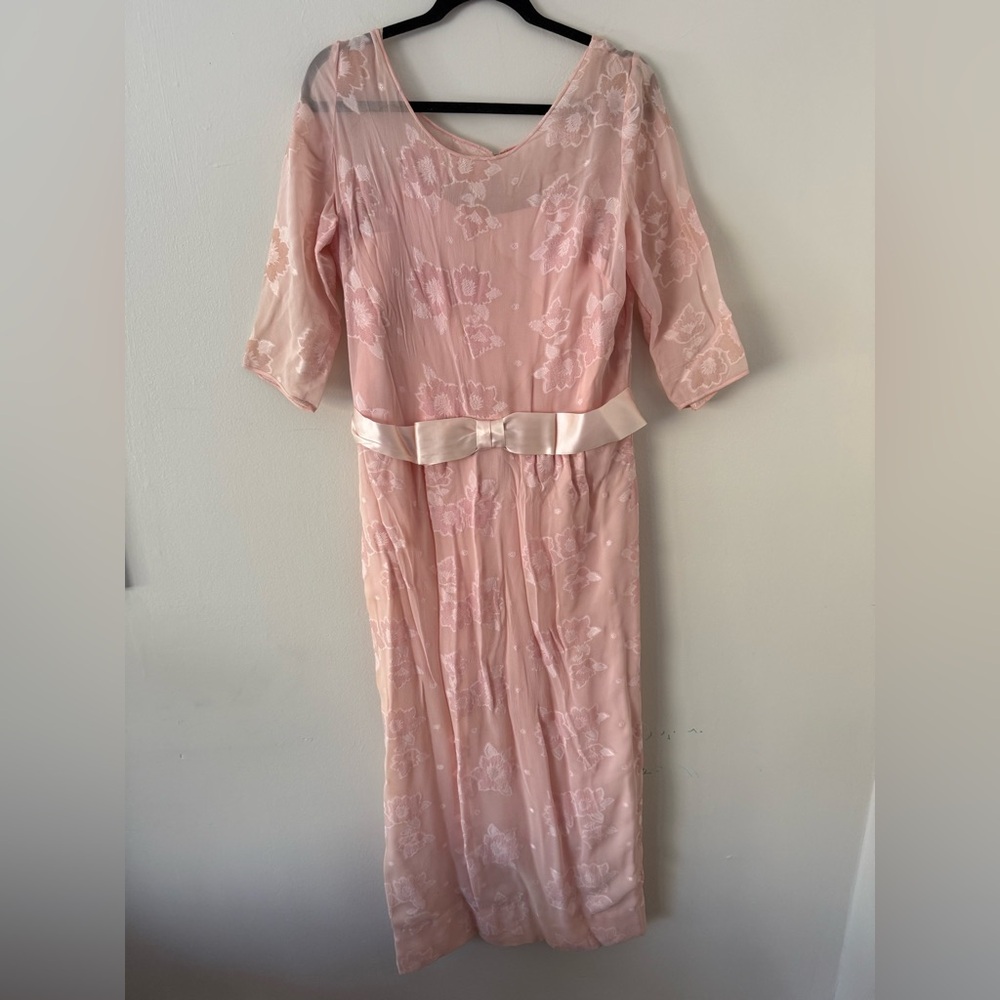 Vintage 80s Pink Silk Chiffon Frances Brewster Dress Sheer Floral Velvet Sz L/XL